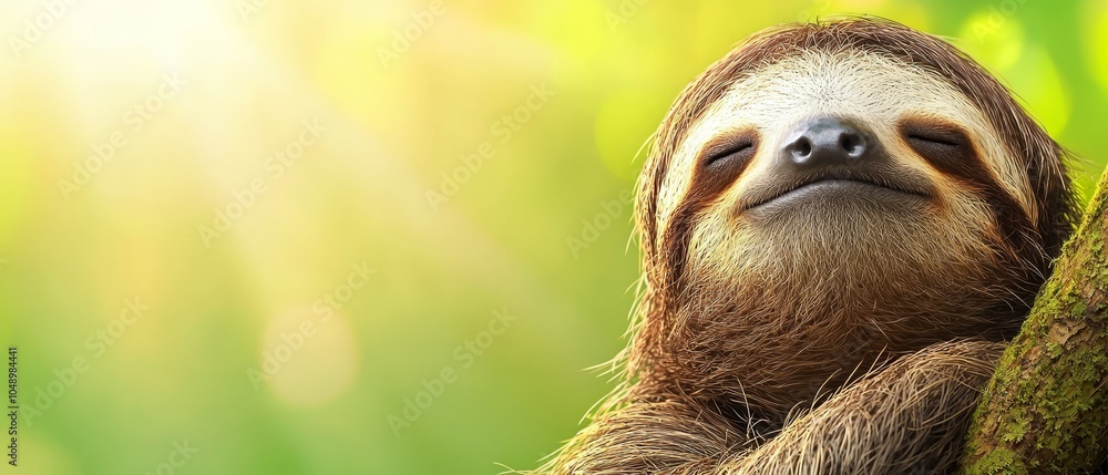 Fototapeta premium A tight shot of a sloth atop a tree, eyes shut, head reclined on a branch