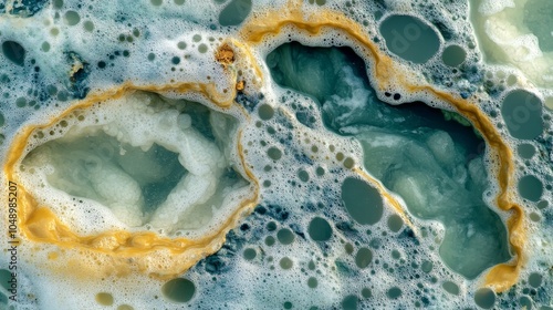 Rock with a yellowish substance on it, surrounded by bubbles photo