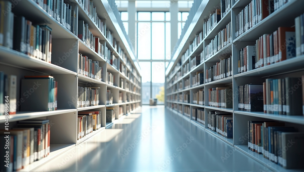 View into a large library, in modern bright architecture, resting places of knowledge and encounter