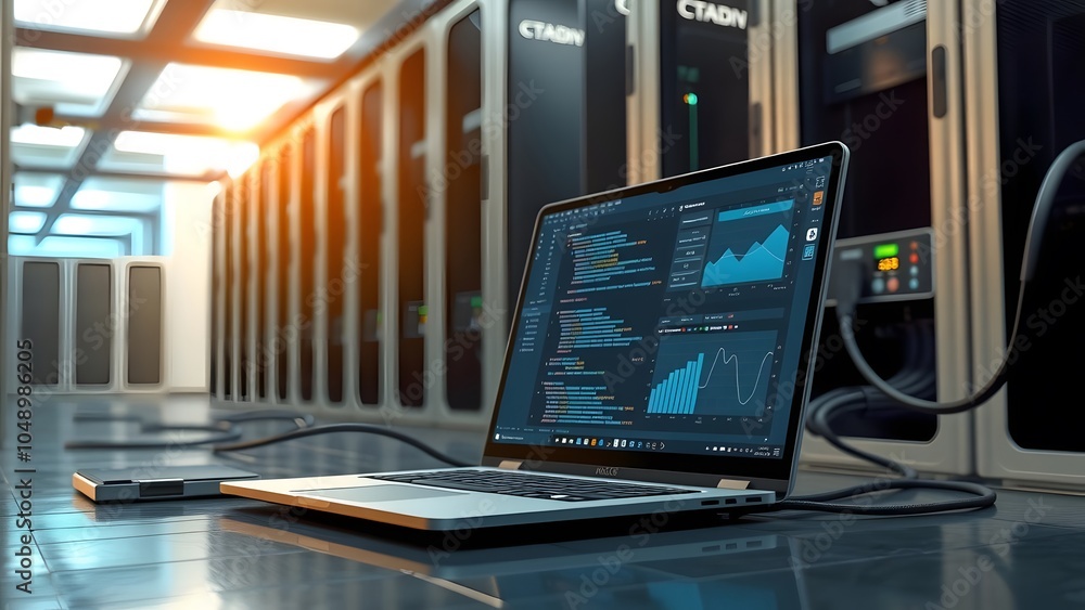 A realistic data center scene with a notebook displaying data streams, surrounded by cables connected to server racks. The setup highlights connectivity, security, and a high-tech, data-driven environ A realistic data center scene with a notebook displaying data streams, surrounded by cables connected to server racks. The setup highlights connectivity, security, and a high-tech, data-driven environ