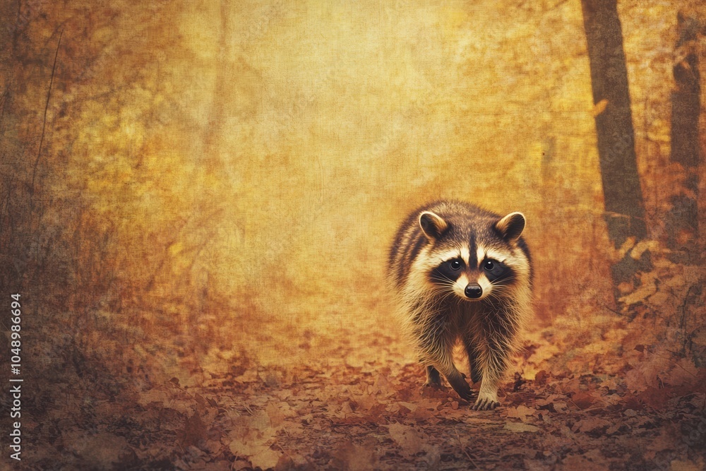 Fototapeta premium A raccoon walking through a forest covered in fallen leaves, with warm golden tones and textured lighting capturing the essence of autumn's beauty