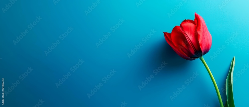 Fototapeta premium A solitary red tulip atop a blue table Nearby, a green stem against a blue backdrop