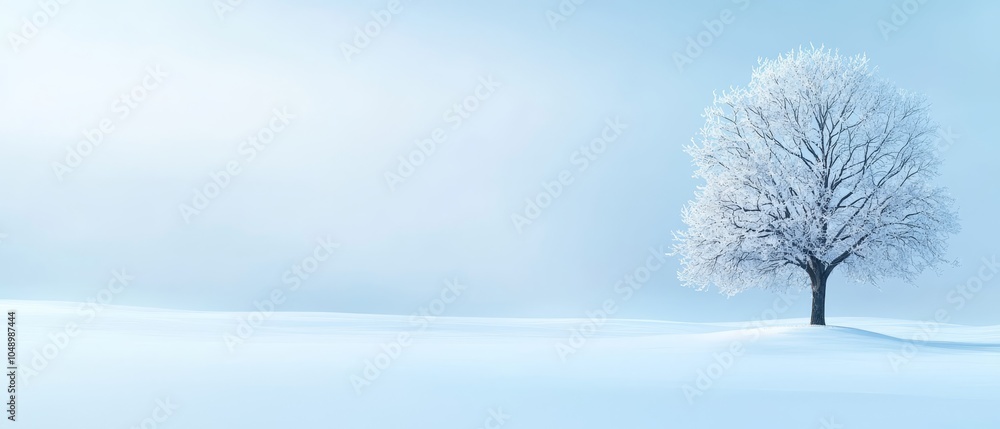 Fototapeta premium A solitary tree stands in a snow-covered field, against a backdrop of a blue sky