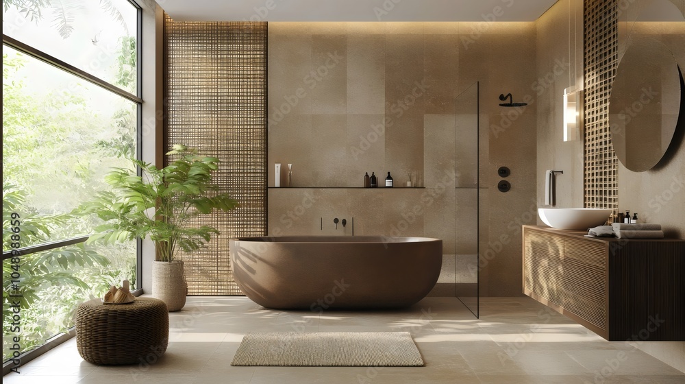 Japandi Style Bathroom Design with Dark Brown Tub, Large Window and Brown Tone Walls and Vanity Japandi Style Bathroom Design with Dark Brown Tub, Large Window and Brown Tone Walls and Vanity