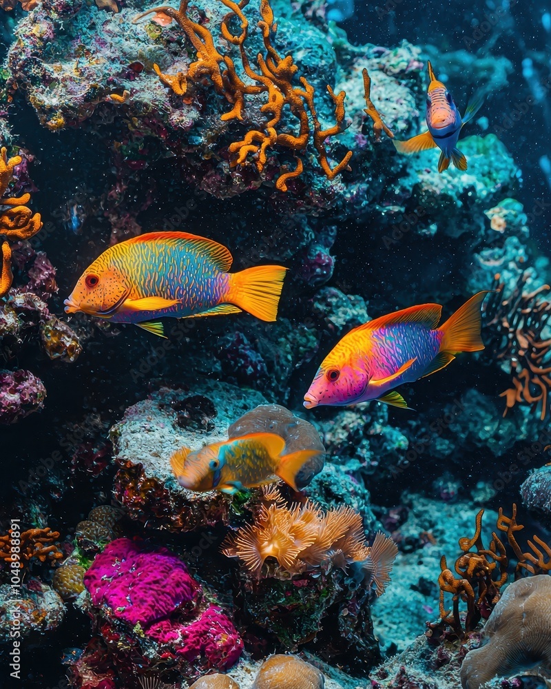 Fototapeta premium Colorful Reef with Parrotfish Feeding in Vibrant Habitat