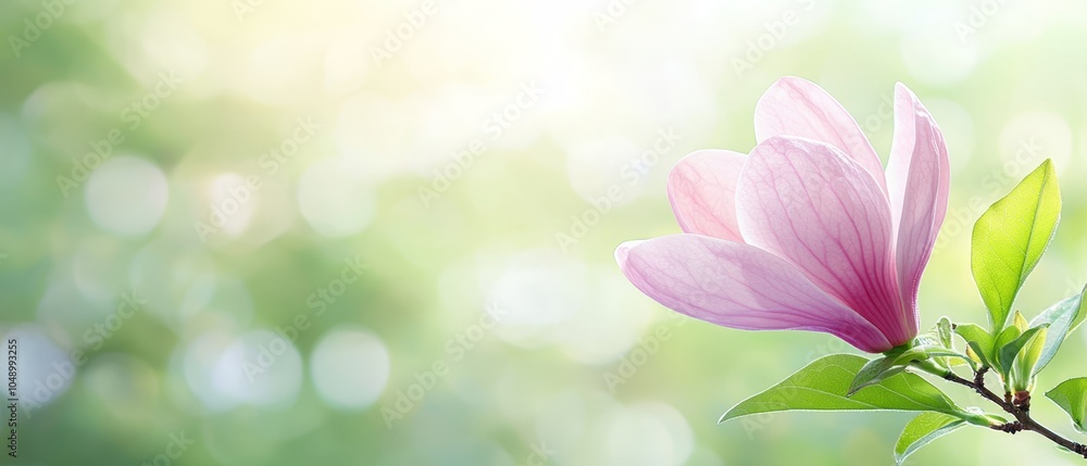 A tight shot of a pink blossom and attached green leaves on a branch against a hazy green backdrop A tight shot of a pink blossom and attached green leaves on a branch against a hazy green backdrop