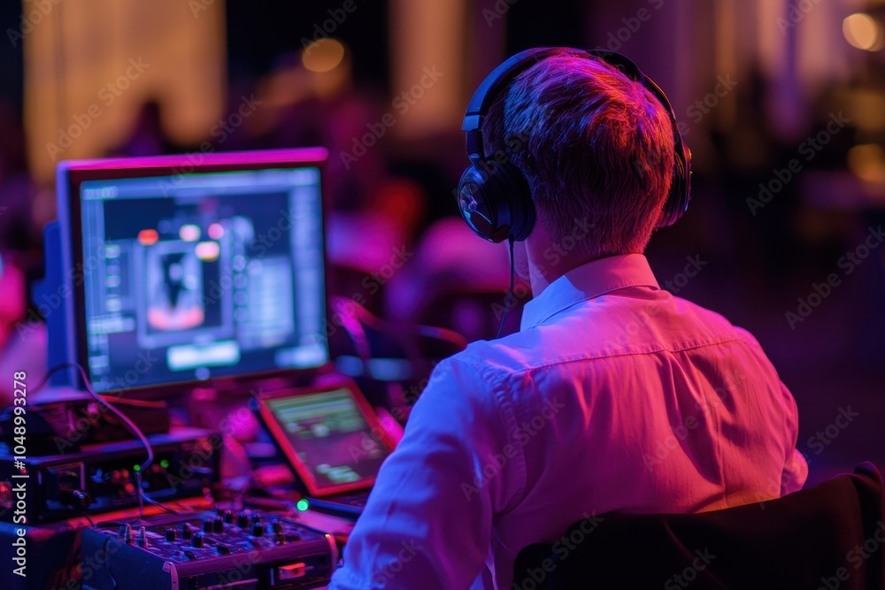 A sound technician monitors audio levels while operating equipment during a live event in an urban venue