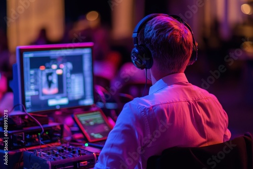 Obraz na płótnie A sound technician monitors audio levels while operating equipment during a live event in an urban venue w salonie