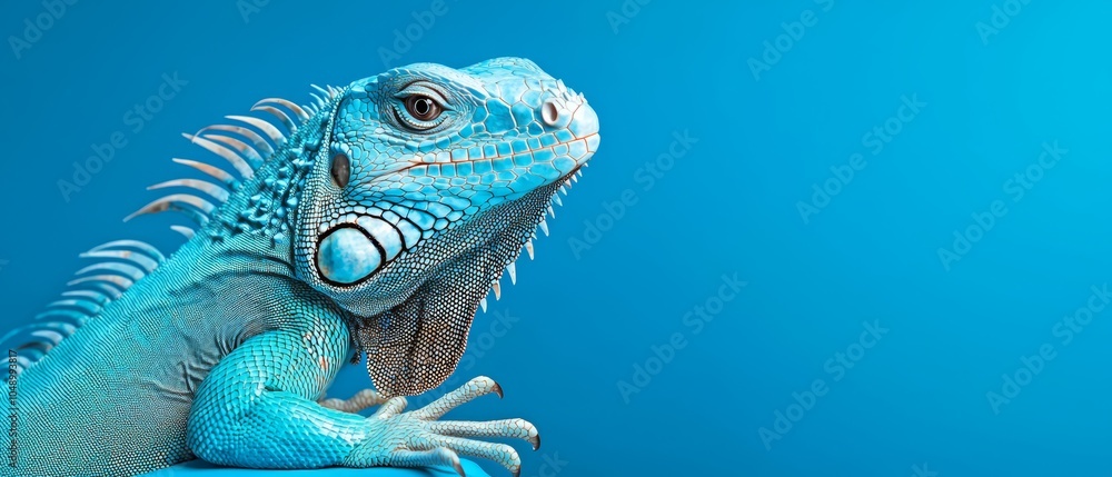 Obraz premium A tight shot of an iguana against a blue backdrop, its head subtly blurred