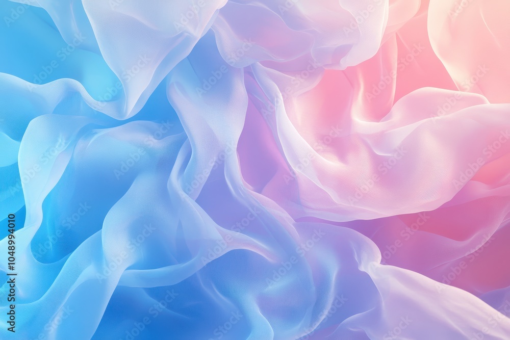 Flowing fabric in soft blue and pink hues creates an abstract design, showcasing gentle movement and texture Flowing fabric in soft blue and pink hues creates an abstract design, showcasing gentle movement and texture