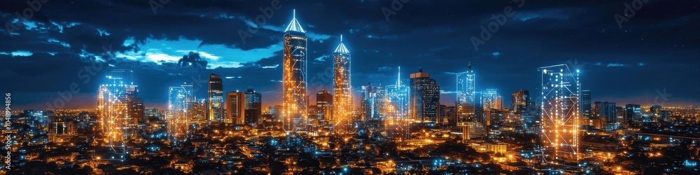 Obraz premium Futuristic City Skyline at Night with Illuminated Skyscrapers and Vibrant Blue Sky | Urban Landscape, Architectural Marvel, Night Photography, City Lights
