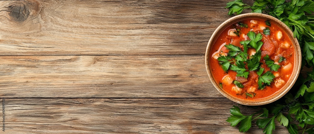 A bowl of tomato soup garnished with parsley atop a wooden table A bowl of tomato soup garnished with parsley atop a wooden table