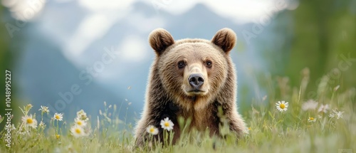  A tight shot of a bear amidst grass and flowers, mountain in background