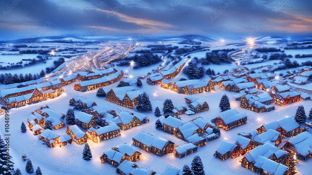 Fototapeta premium An Enchanting Christmas Village from Above, with Festive Charm and Cozy Lights in a Magical Winter Landscape, Where Unique Details Spark Imagination and Enhance the Holiday Spirit