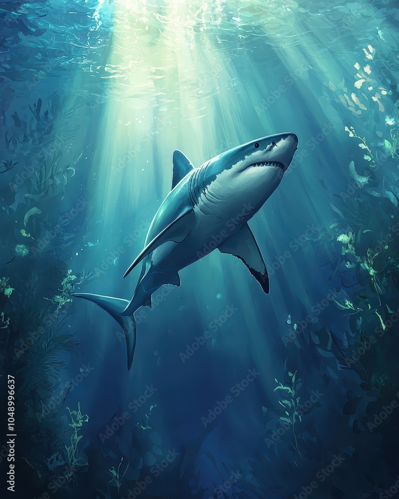 Fototapeta premium Great White Shark Swimming in Ocean Depths