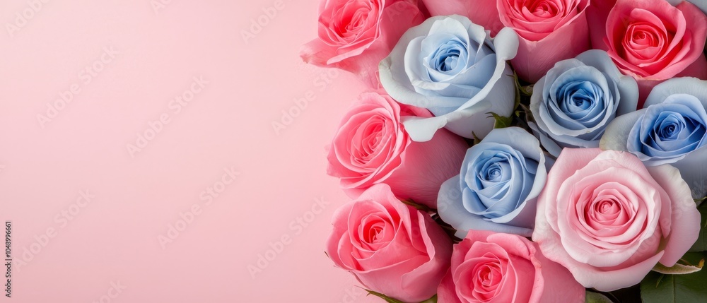 A pink background showcases a vibrant bouquet of pink, blue, and white roses Include text or an image here A pink background showcases a vibrant bouquet of pink, blue, and white roses Include text or an image here