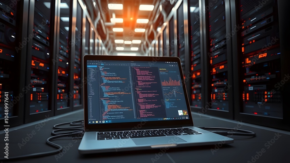 A realistic data center scene with a notebook displaying data streams, surrounded by cables connected to server racks. The setup highlights connectivity, security, and a high-tech, data-driven environ A realistic data center scene with a notebook displaying data streams, surrounded by cables connected to server racks. The setup highlights connectivity, security, and a high-tech, data-driven environ