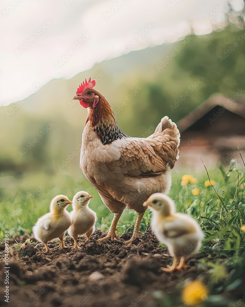 Hen with Chicks Exploring a Rustic Farmyard Hen with Chicks Exploring a Rustic Farmyard
