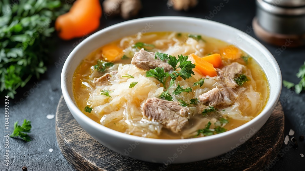 A bowl of Polish bigos, a traditional New Year's dish, featuring sauerkraut, meat, and vegetables garnished with fresh parsley A bowl of Polish bigos, a traditional New Year's dish, featuring sauerkraut, meat, and vegetables garnished with fresh parsley