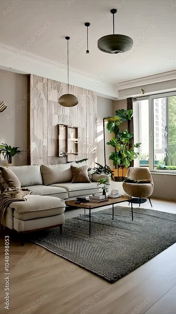Modern living room decor with natural elements and cozy sofa in daylight. Modern living room decor with natural elements and cozy sofa in daylight.
