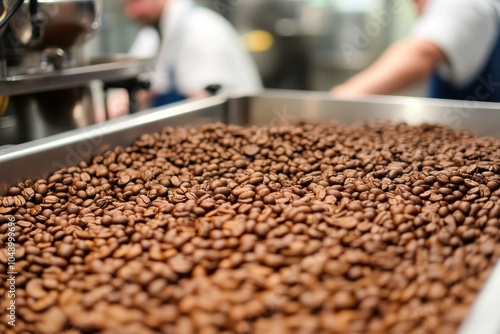 Freshly roasted coffee beans cooling in a food preparation area at a local cafe in the afternoon