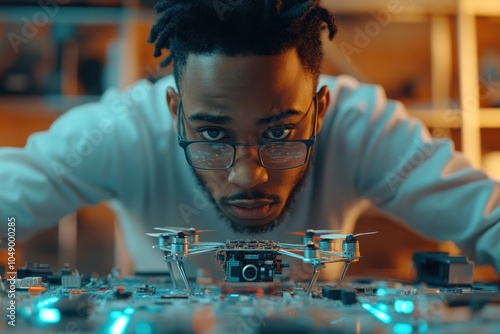 Young male engineer focusing intently on a drone while working in a high-tech laboratory environment photo