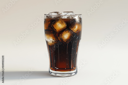 A refreshing glass of cold beverage filled with ice cubes on a neutral background. Generative AI