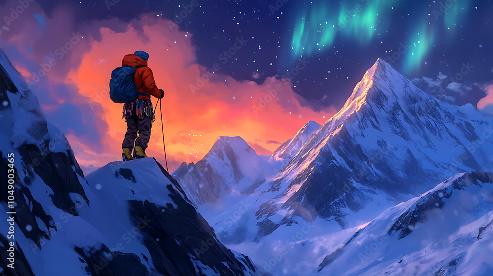 Majestic Climber Under Northern Lights at Mountain Peak Majestic Climber Under Northern Lights at Mountain Peak