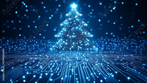 A blue background with an abstract Christmas tree made of glowing digital circuit patterns, symbolizing the holiday season in technology and computer science. Christmas card. photo