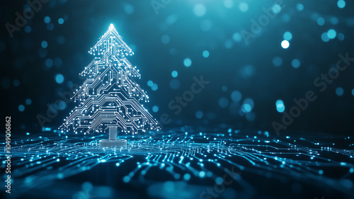 A blue background with an abstract Christmas tree made of glowing digital circuit patterns, symbolizing the holiday season in technology and computer science. Christmas card.