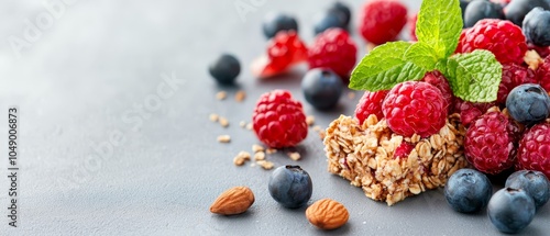  Blueberries, raspberries, alonds , and raspberry granola are scatteredly arranged photo