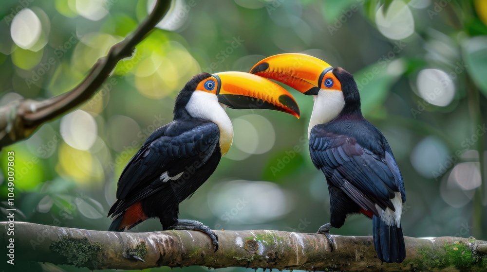 Naklejka premium Vibrant toucans perch gracefully among lush green leaves, their striking beaks adding a splash of color to the foliage.