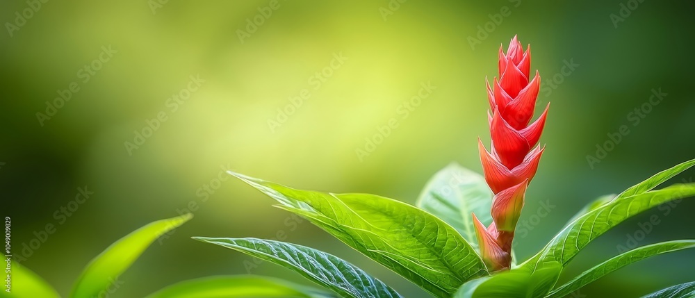  A red flower, in sharp focus, blooms against a backdrop of green foliage Leaves lie near in the foreground Background softly blurred