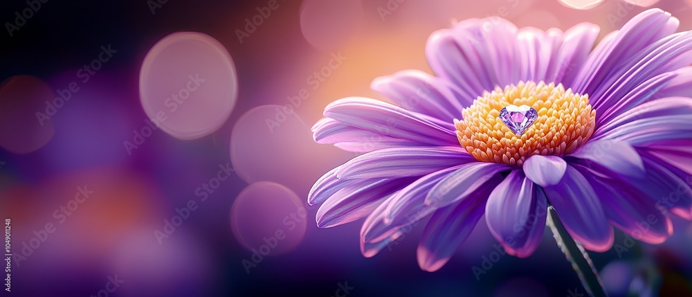 Obraz premium A tight shot of a purple bloom against a backdrop of softly blurred lights, with a red heart at its core