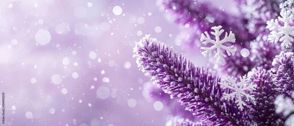 Fototapeta premium A tight shot of a purple plant crowned with snowflakes, beneath it lies a blanket of snow dotted with more flakes