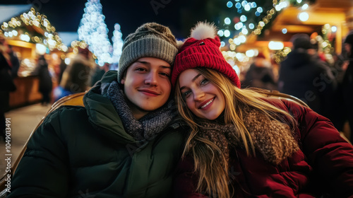 Cozy winter romance: young couple enjoying sleigh ride at holiday market