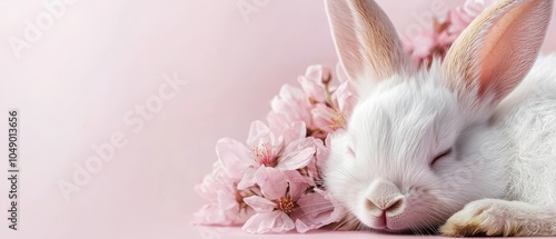  A white rabbit, up-close, resting atop a pink flowered surface against a pink backdrop photo