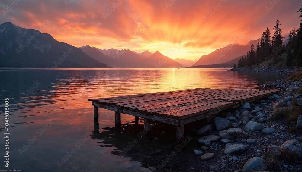Obraz premium Sunset Serenity over the Lake: A breathtaking moment captured as the sun dips below the horizon, painting the sky with fiery hues that reflect beautifully on the calm lake.