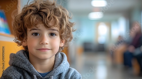 Young Boy with Curly Hair in Modern Hallway