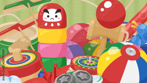 昔の遊びに使うおもちゃの背景イラスト_16:9