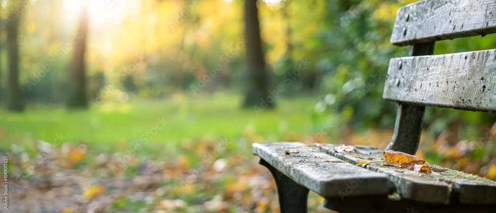 A tight shot of a park bench, adorned with leaves on the ground beneath Grass surrounds it, while trees frame the background A tight shot of a park bench, adorned with leaves on the ground beneath Grass surrounds it, while trees frame the background