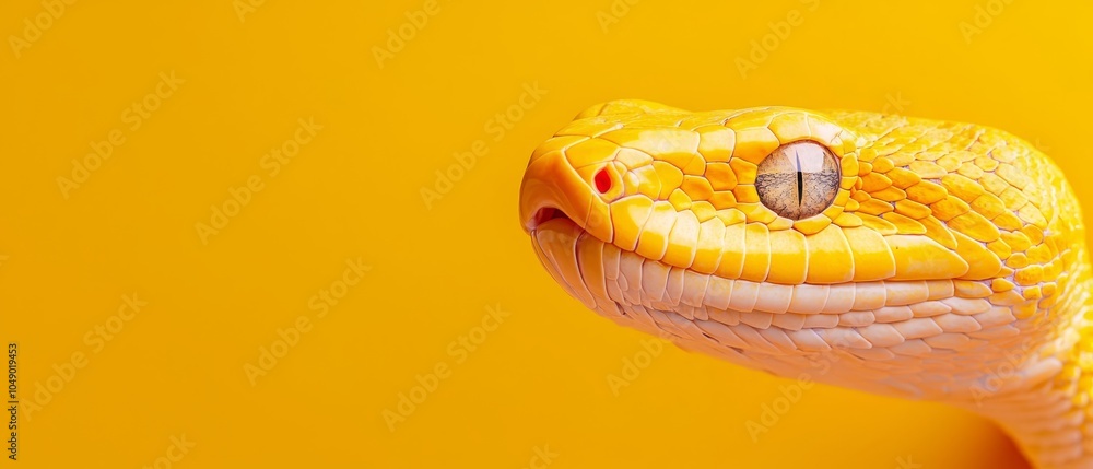 A tight shot of a yellow snake's head against a solid yellow backdrop, displaying a minor circular hollow in its center A tight shot of a yellow snake's head against a solid yellow backdrop, displaying a minor circular hollow in its center