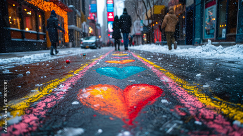 Colorful Heart Street Art in Snowy Cityscape
 photo