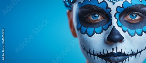  A tight shot of a person adorned with blue and white face paint, featuring a butterfly design on the forehead photo