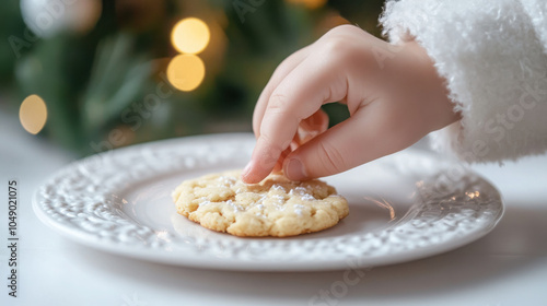 Child's hand placing christmas cookie on festive plate - holiday food concept photo