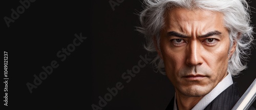  A man with white hair, gripping a knife, gazes intently into the camera photo