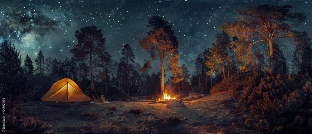 A stunning night scene featuring a bright yellow camp tent nestled among lush A stunning night scene featuring a bright yellow camp tent nestled among lush