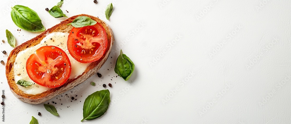 tomatoes and cheese on white surface, topped with basil leaves tomatoes and cheese on white surface, topped with basil leaves