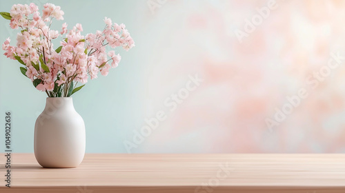 Wallpaper Mural Minimal wooden table with simple ceramic vase, blurred pastel-toned cafe background, soft morning light, cozy and inviting feel Torontodigital.ca