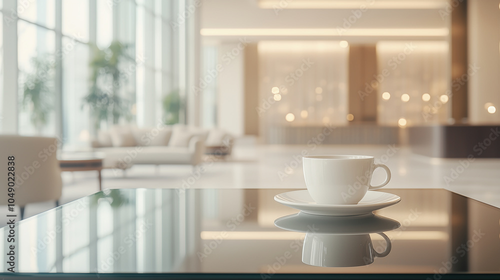 Sleek glass tabletop, coffee cup, blurred luxury hotel lobby in background, warm ambient lighting, elegant simplicity, modern style Sleek glass tabletop, coffee cup, blurred luxury hotel lobby in background, warm ambient lighting, elegant simplicity, modern style